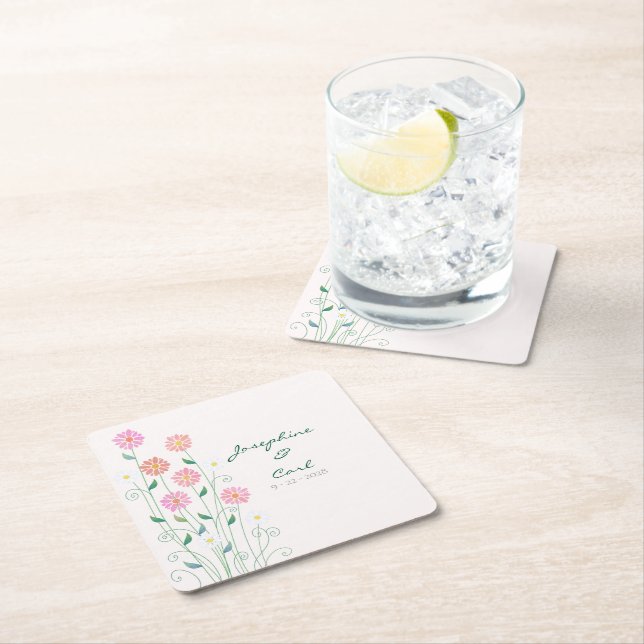 Posavasos Cuadrado De Papel Cute Country Daisies Pink Floral (In situ)