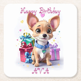 Posavasos Cuadrado De Papel Cute Cumpleaños Fiesta de Niña Chihuahua y Regalos
