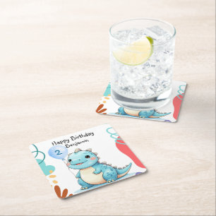 Posavasos Cuadrado De Papel Cute Dinosaur wild Boy Feliz cumpleaños fiesta