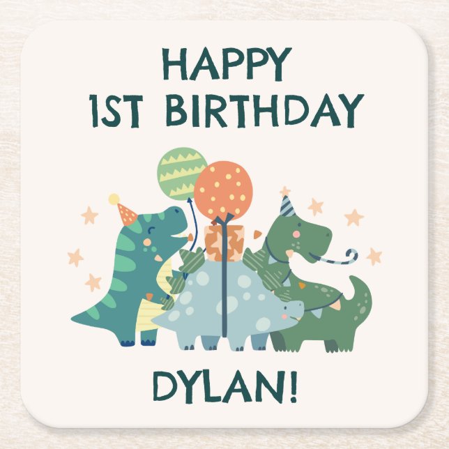 Posavasos Cuadrado De Papel Cute dinosaurios niño feliz cumpleaños (Anverso)