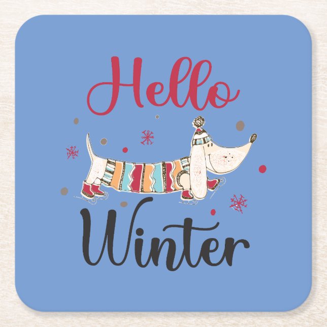 Posavasos Cuadrado De Papel Cute Dog Hello Winter (Anverso)