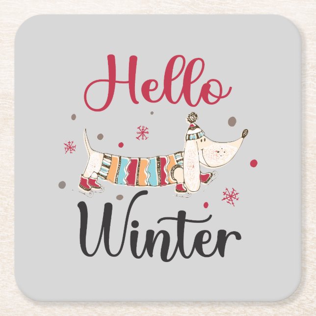 Posavasos Cuadrado De Papel Cute Dog Hello Winter (Anverso)