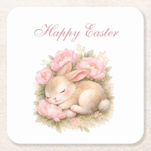 Posavasos Cuadrado De Papel Cute Easter Bunny Rabbit Pink Blush Peony  (Anverso)