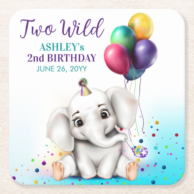 Posavasos Cuadrado De Papel Cute Elephant Birthday Party (Anverso)