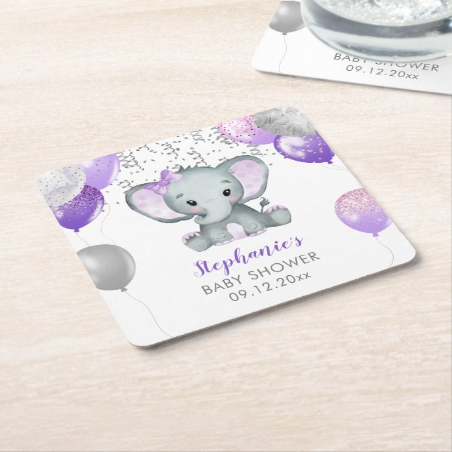Posavasos Cuadrado De Papel Cute Elephant Chica Balloons Baby Shower (En perspectiva)