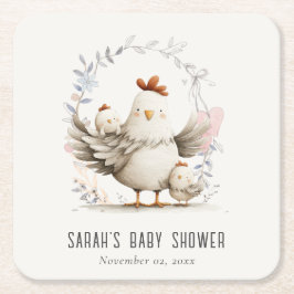 Posavasos Cuadrado De Papel Cute Farm Mum and Baby Chick Floral Baby Shower