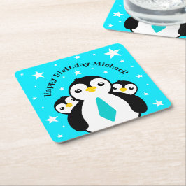 Posavasos Cuadrado De Papel Cute Feliz Cumpleaños Pingüinos Cuellos Azules