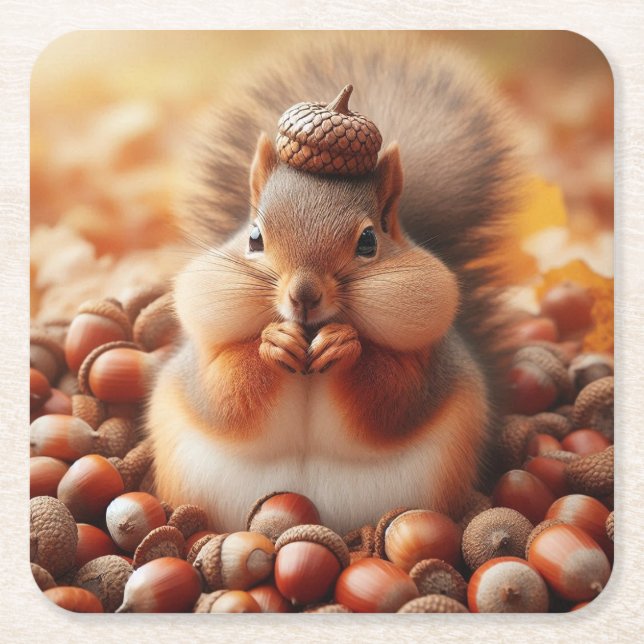 Posavasos Cuadrado De Papel Cute Fluffy Squirrel (Anverso)