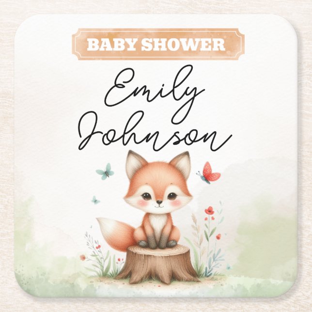 Posavasos Cuadrado De Papel Cute fox baby shower  (Anverso)