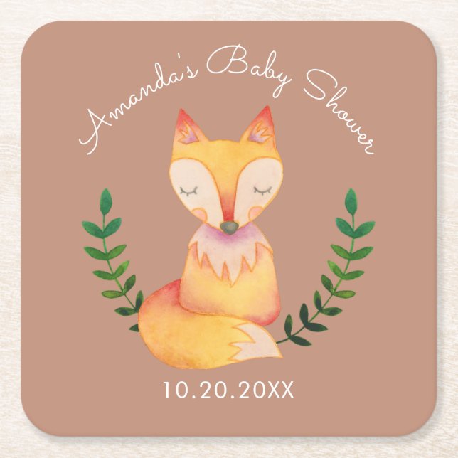 Posavasos Cuadrado De Papel Cute Fox Creature Woodland Theme Baby Shower (Anverso)