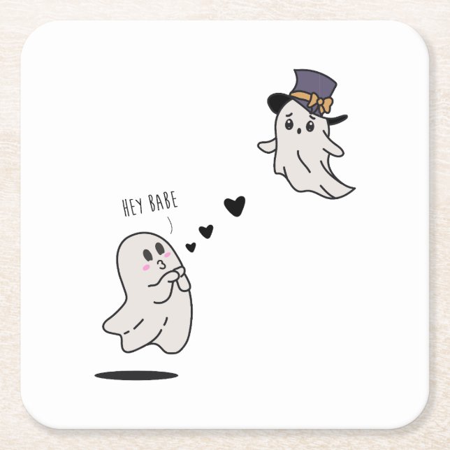 Posavasos Cuadrado De Papel Cute ghosts couple talking (Anverso)