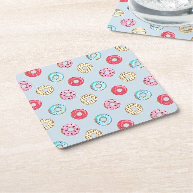Posavasos Cuadrado De Papel Cute Glazed Doughnut Pattern Light Blue (En perspectiva)