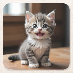 Posavasos Cuadrado De Papel Cute Gray Kitten Sonriente Juego de Pascua