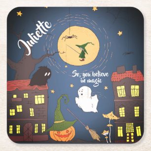 Posavasos Cuadrado De Papel Cute Halloween acuarela personalizada