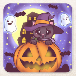 Posavasos Cuadrado De Papel Cute Halloween Octubre Witch Cat