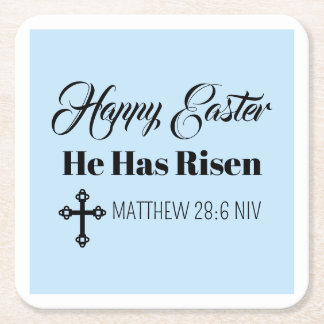 Posavasos Cuadrado De Papel Cute Happy Easter He Has Risen Bible Verse Blue