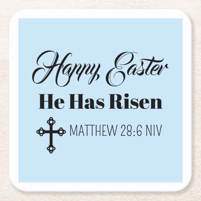 Posavasos Cuadrado De Papel Cute Happy Easter He Has Risen Bible Verse Blue (Anverso)
