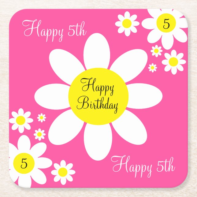 Posavasos Cuadrado De Papel Cute Hot Pink and White Floral 5º cumpleaños (Anverso)