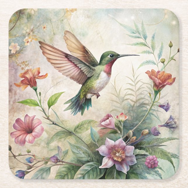 Posavasos Cuadrado De Papel Cute Hummingbird on Flowers (Anverso)