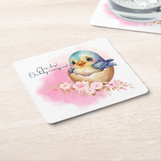 Posavasos Cuadrado De Papel Cute Kawaii Egg Bird Elegant Floral Baby Shower (En perspectiva)