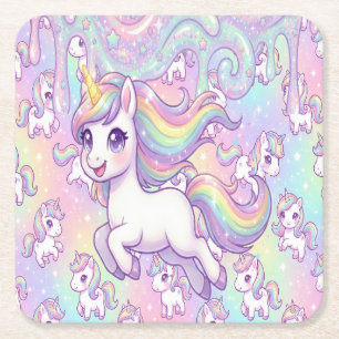 Posavasos Cuadrado De Papel Cute Kawaii Unicornio Arcoíris Pastel Mágico