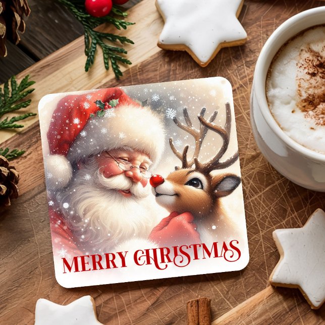 Posavasos Cuadrado De Papel Cute Kids Christmas Coasters Santa Claus Rudolph (Cute Kids Christmas Coasters Santa Claus Rudolph)