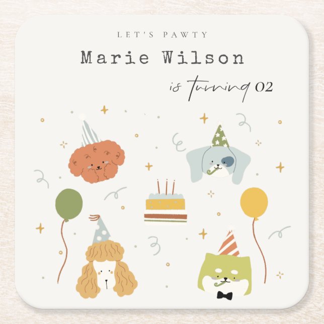 Posavasos Cuadrado De Papel Cute Kids Pawty Puppy Perros De Cualquier Edad Cum (Anverso)