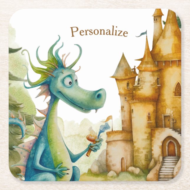 Posavasos Cuadrado De Papel Cute Knight Dragon Castle Birthday Party Kids (Anverso)
