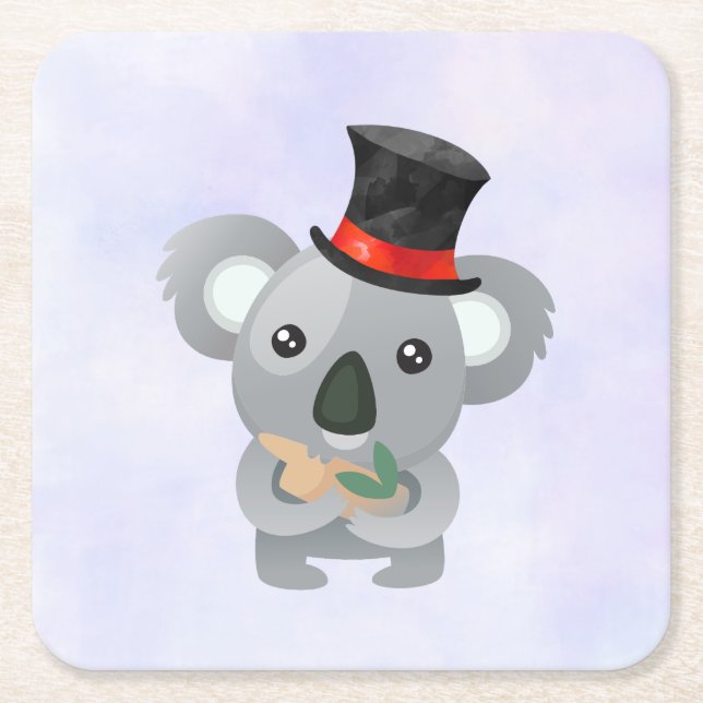 Posavasos Cuadrado De Papel Cute Koala en un sombrero negro superior (Anverso)