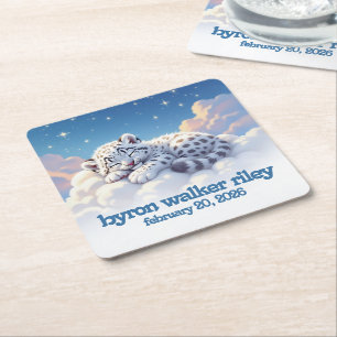 Posavasos Cuadrado De Papel Cute leopardo de las nieves dormido en Baby Shower