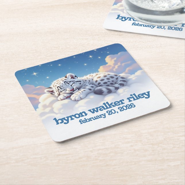 Posavasos Cuadrado De Papel Cute leopardo de las nieves dormido en Baby Shower (En perspectiva)