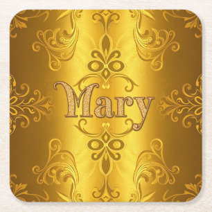Posavasos Cuadrado De Papel Cute Mary Name Relieve metalizado dorado Coaster