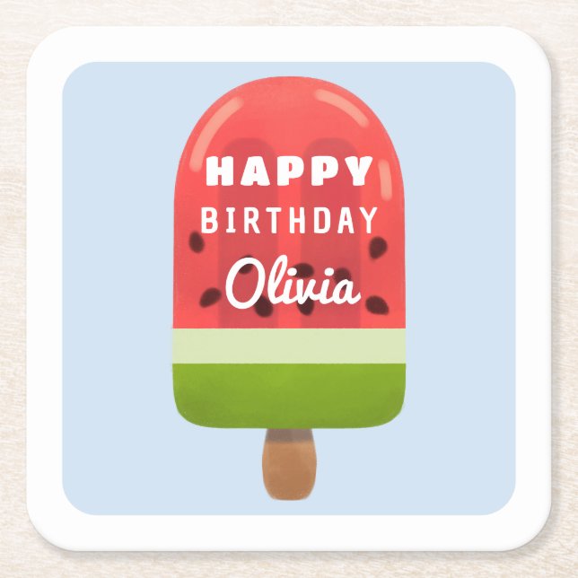 Posavasos Cuadrado De Papel Cute Melon Popsicle Happy Birday (Anverso)
