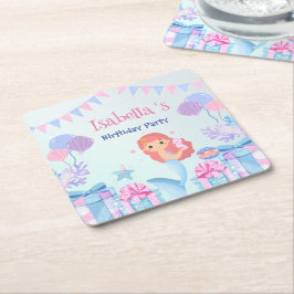 Posavasos Cuadrado De Papel Cute Mermaid Rainbow Watercolor Fiesta de cumpleañ