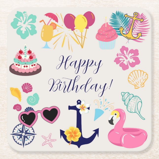 Posavasos Cuadrado De Papel Cute Nautical Birthday (Anverso)