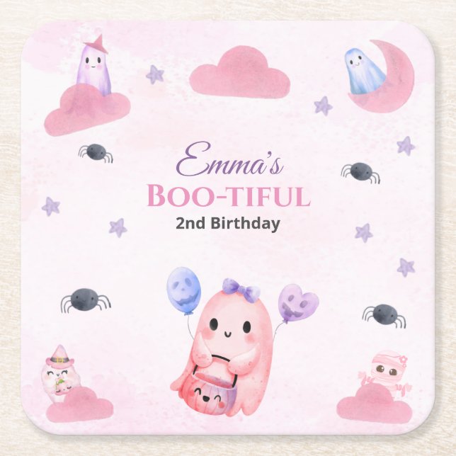 Posavasos Cuadrado De Papel Cute Pastel Ghost acuarela Halloween (Anverso)