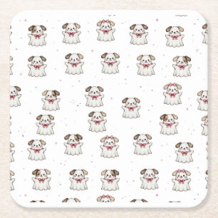 Posavasos Cuadrado De Papel Cute Perro Fantasma Bandana de Halloween con Lazo