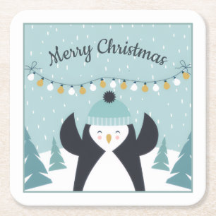 Posavasos Cuadrado De Papel Cute pingüino arte de invierno Feliz Navidad