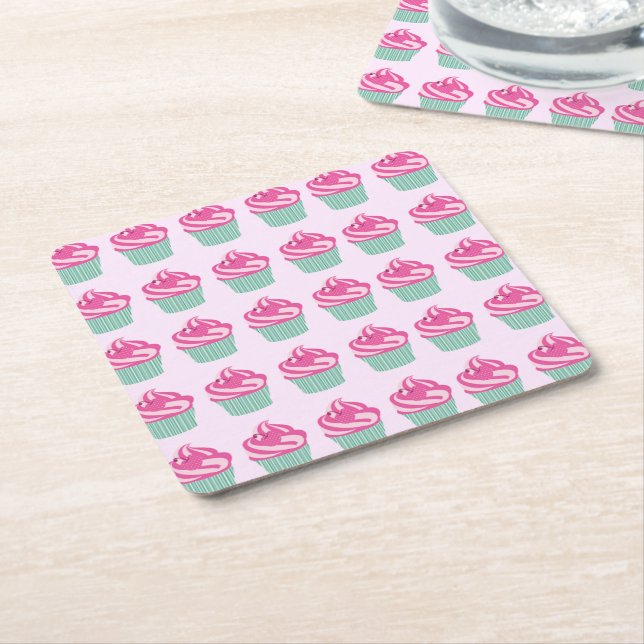 Posavasos Cuadrado De Papel Cute Pink Cupcakes Pattern Pastel Pink (En perspectiva)