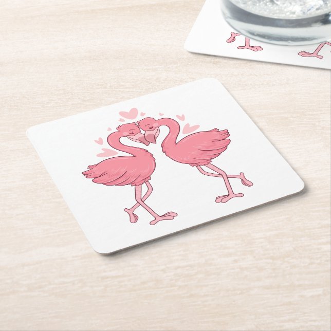 Posavasos Cuadrado De Papel Cute Pink Flamingo Tropical Beach Wedding (En perspectiva)