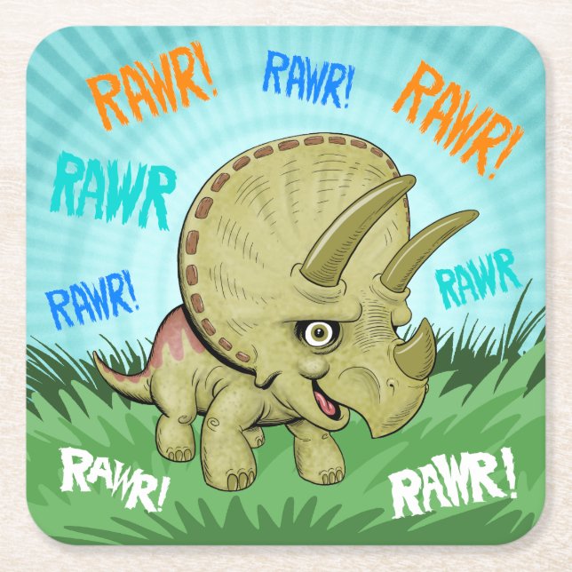 Posavasos Cuadrado De Papel Cute RAWR Triceratops (Anverso)