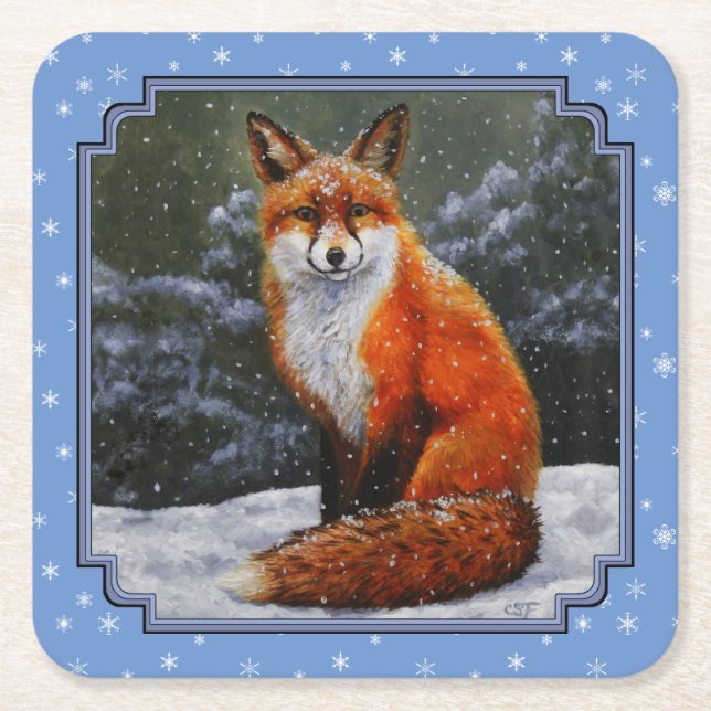 Posavasos Cuadrado De Papel Cute Red Fox in Winter Snow (Anverso)