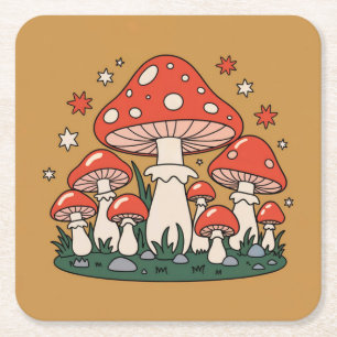 Posavasos Cuadrado De Papel Cute Red Mushrooms Stars Metallic Gold Coaster Set
