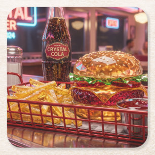 Posavasos Cuadrado De Papel Cute Retro Diner Crystalline Burger y Papas Frit