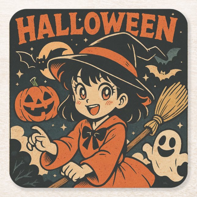 Posavasos Cuadrado De Papel Cute retro Japanese cartoon Halloween (Anverso)