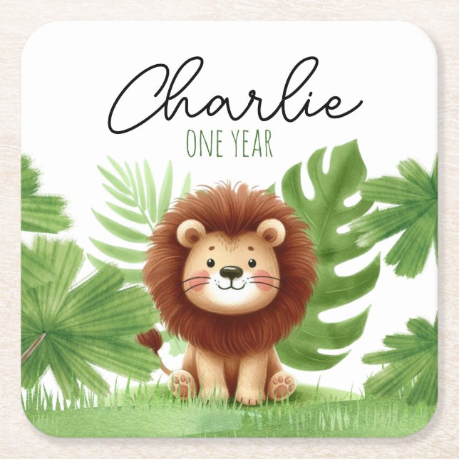 Posavasos Cuadrado De Papel Cute Safari Lion Birthday (Anverso)
