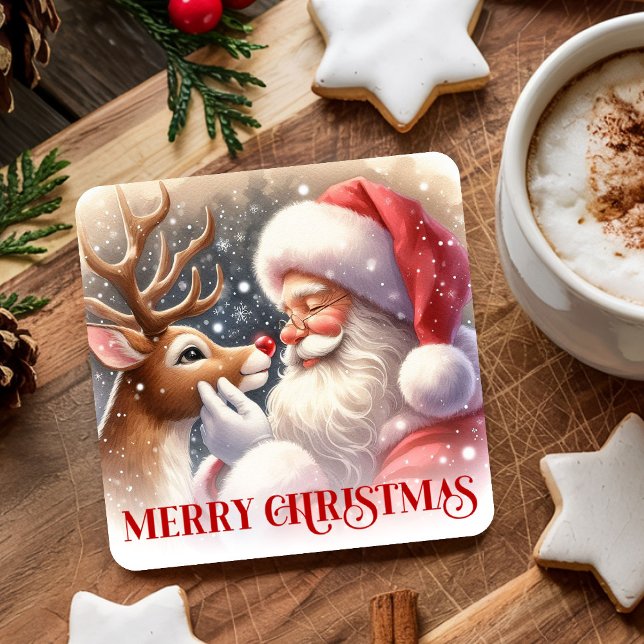 Posavasos Cuadrado De Papel Cute Santa and Rudolph Christmas Paper Coasters (Cute Santa and Rudolph Christmas Paper Coasters)