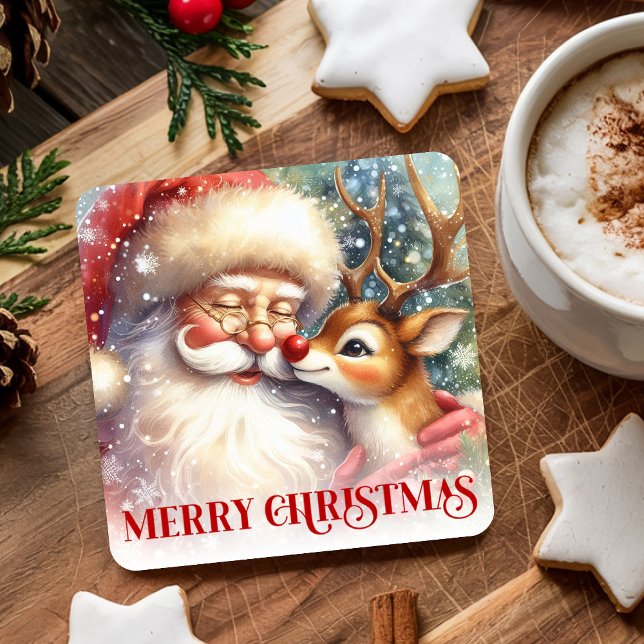 Posavasos Cuadrado De Papel Cute Santa Claus Rudolph Kids Christmas Coasters (Cute Santa Claus Rudolph Kids Christmas Coasters)
