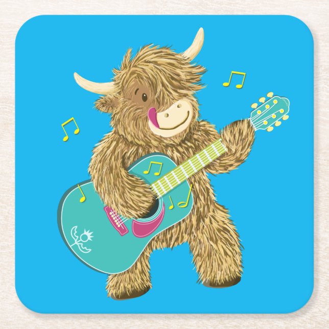 Posavasos Cuadrado De Papel Cute Scottish Highland Cow toca guitarra (Anverso)