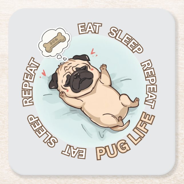 Posavasos Cuadrado De Papel Cute Sleeping Pug Paper Coaster | Eat Sleep Repeat (Anverso)